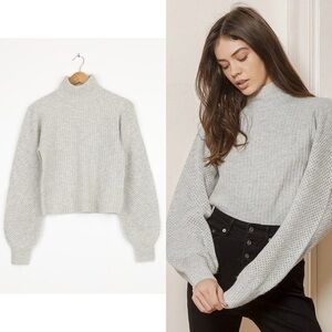 Lulu’s Cuddle Hour Grey Mock Neck Balloon Sleeve Ribbed Sweater